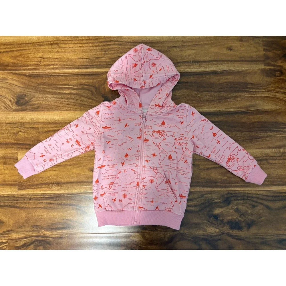 Piccolina Pink Sweatshirt Jacket, Map Print, Size 3T